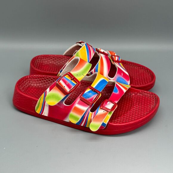 Birkenstock Birkis Women's 7 Red Rainbow Tie Dye 3 Strap Sandals Slide Surfer - Picture 1 of 11